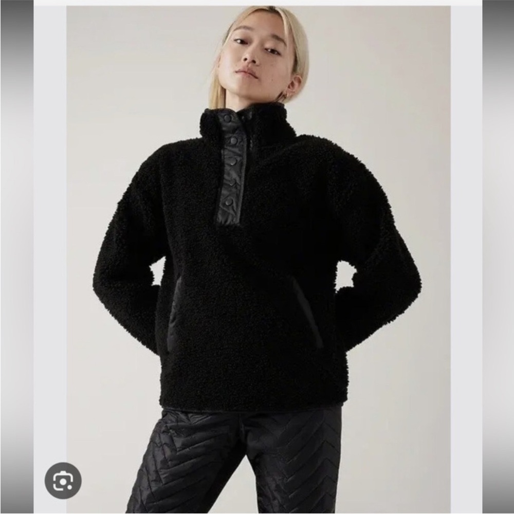 Athleta Cozy Sherpa Fleece Teddy Pullover Snap Half Zip black Large